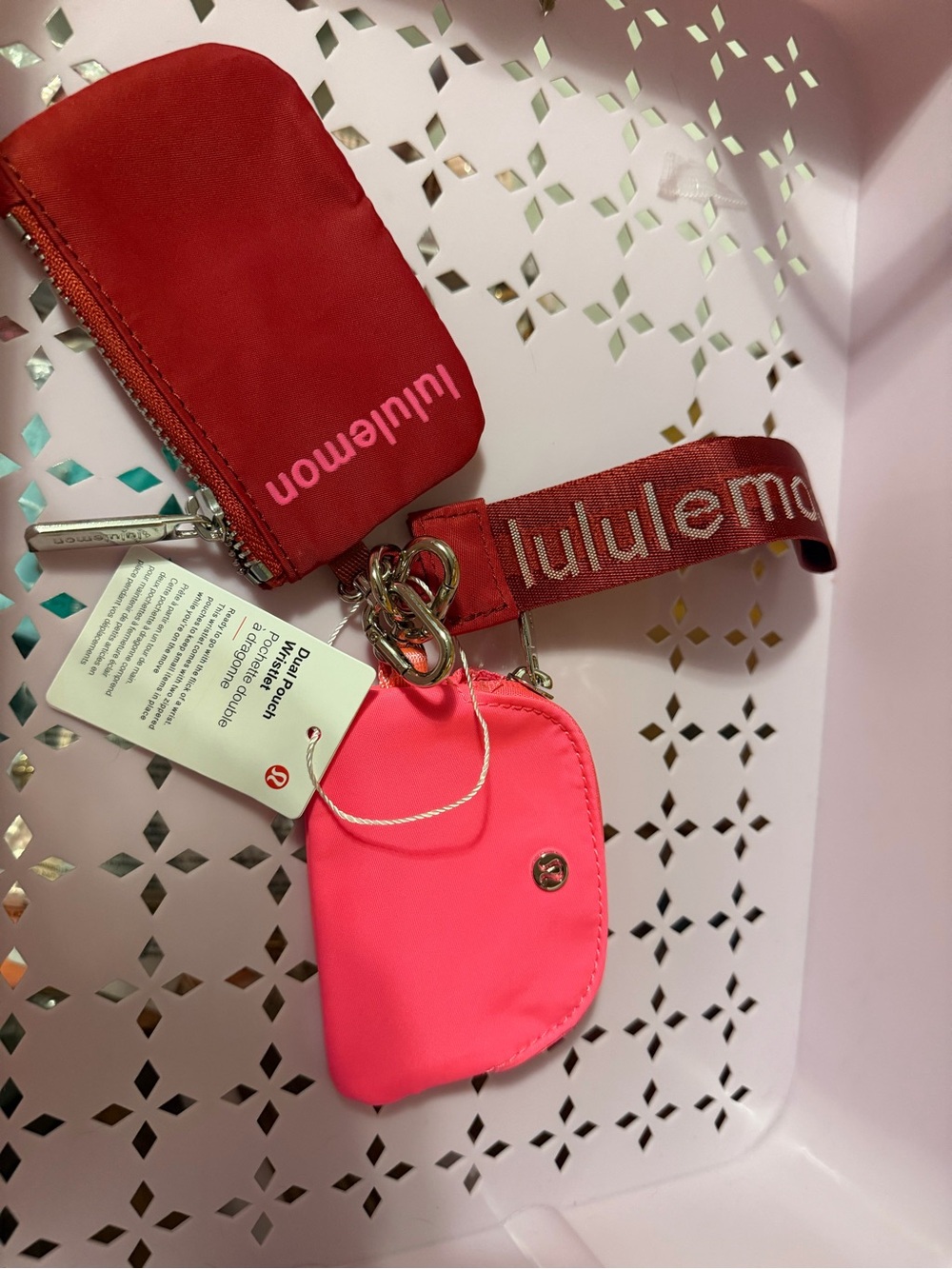 lululemon athletica red and hot pink key & card holder set